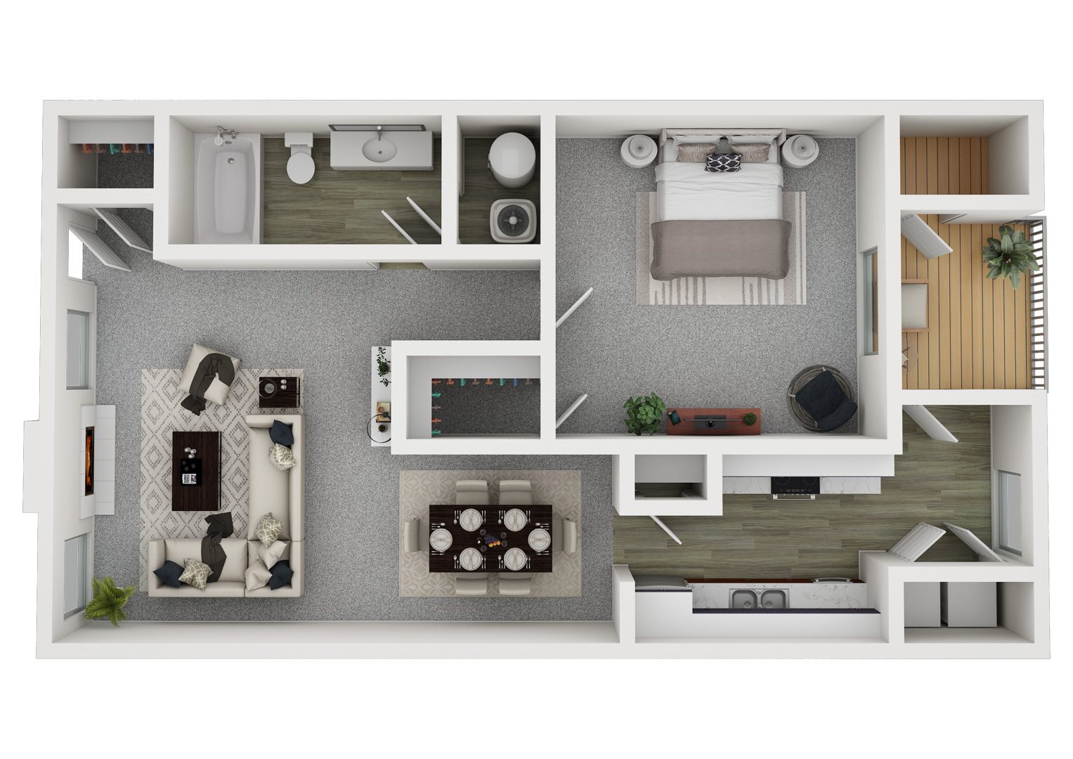 Balsam River Ridge Apartments Balsam Floor Plan, with bedroom, kitchen, living room, washer and dryer, deck and a bathroom.